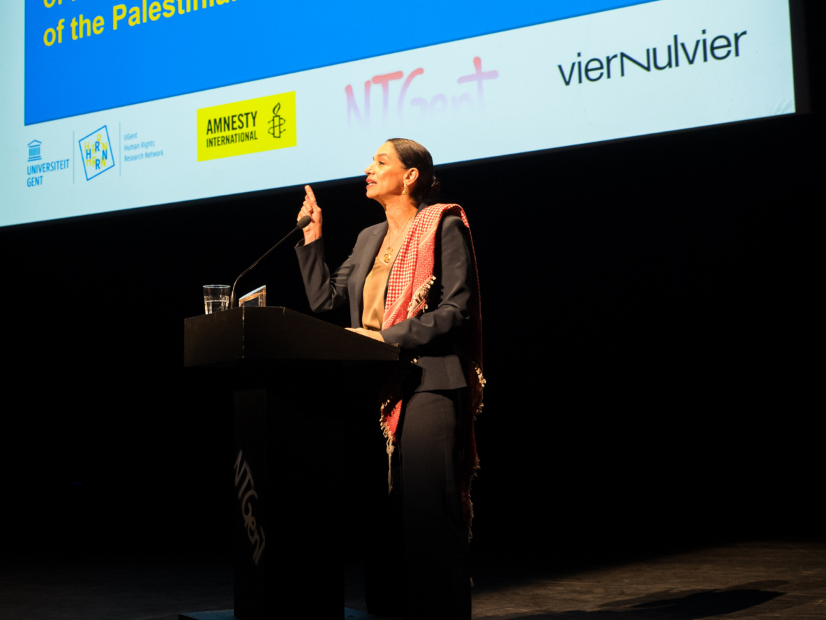 Noura Erakat speaking on stage at NTGent